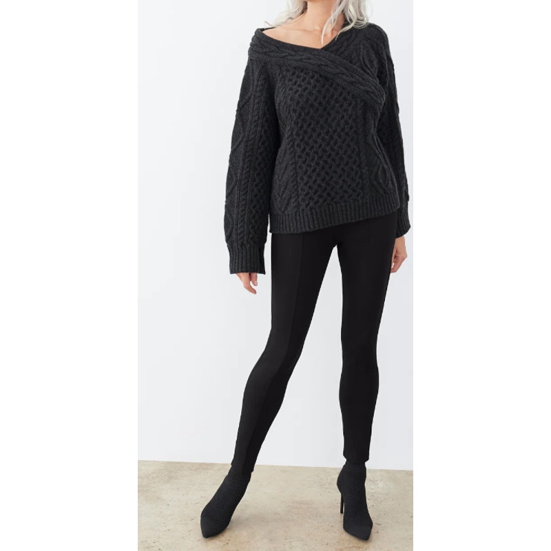 Gstq Off The Shoulder Cable Knit Sweater Charcoal Grey Superfine Wool Women's S